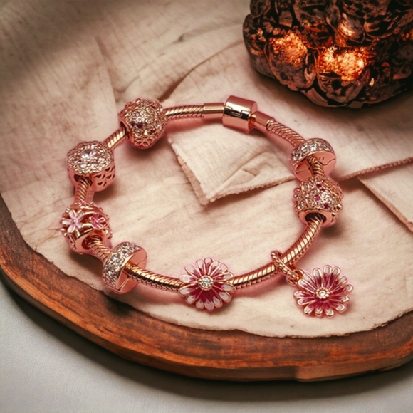 Pink Rose Gold Floral Peony Charm Bracelet - Picture 1 of 3